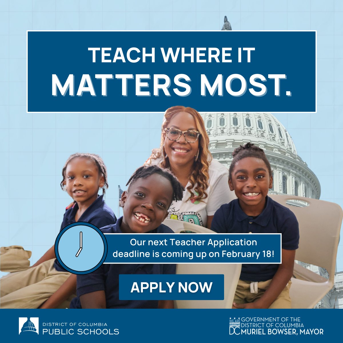 Ready to join the best teachers in the nation? Apply to DCPS and rewrite the narrative of what public education can look like.

Our second teacher application deadline is coming up on Wednesday, February 18. 

Get started today: bit.ly/4iP5bQr