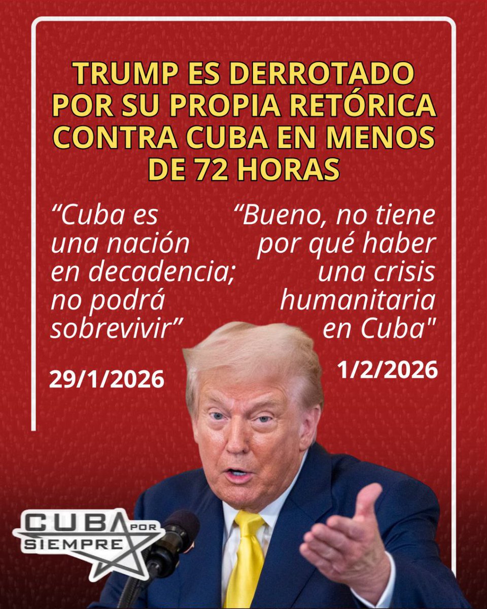 En menos de 72 horas, Donald Trump ha sido víctima de su propia retórica contra Cuba. Tras anunciar un nuevo salto en la asfixia y declarar que "Cuba es una nación decadente que no podrá sobrevivir".#cubaxsiempre.