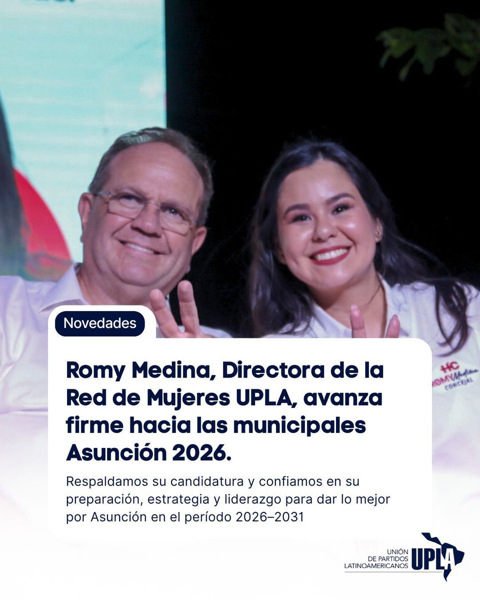 Romy Medina recibió el respaldo de la Unión de Partidos Latinoamericanos (UPLA) a su candidatura a concejal de Asunción para las Municipales 2026.

Actual Directora de la Red de Mujeres UPLA e Ingeniera Comercial, Medina impulsa su proyecto político con miras al periodo