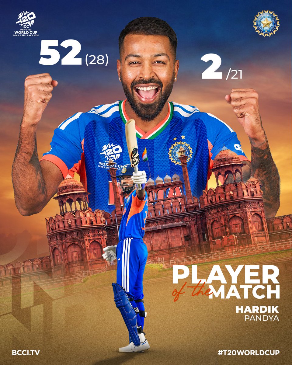 Fire with the bat 🔥
Clinical with the ball 👌

Hardik Pandya is the Player of the Match for his all-round brilliance 🫡

Scorecard ▶️ bit.ly/INDvNAM-T20-Wo…

#TeamIndia | #T20WorldCup | #MenInBlue | #INDvNAM | <a href="/hardikpandya7/">hardik pandya</a>
