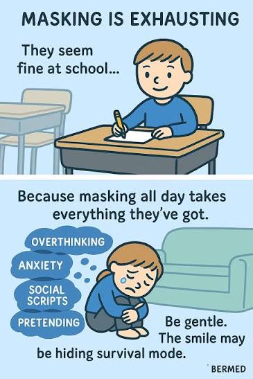 Masking is a huge issue in schools &amp; it can go so unoticed before its too late, leading to emotional crashes. 

It may seem that everything is fine.
Quiet,compliant,under the radar,but underneath,they are overwhelmed ,anxious &amp; exhausted. 

At home,tears,frustration &amp; panic.🧠🌱
