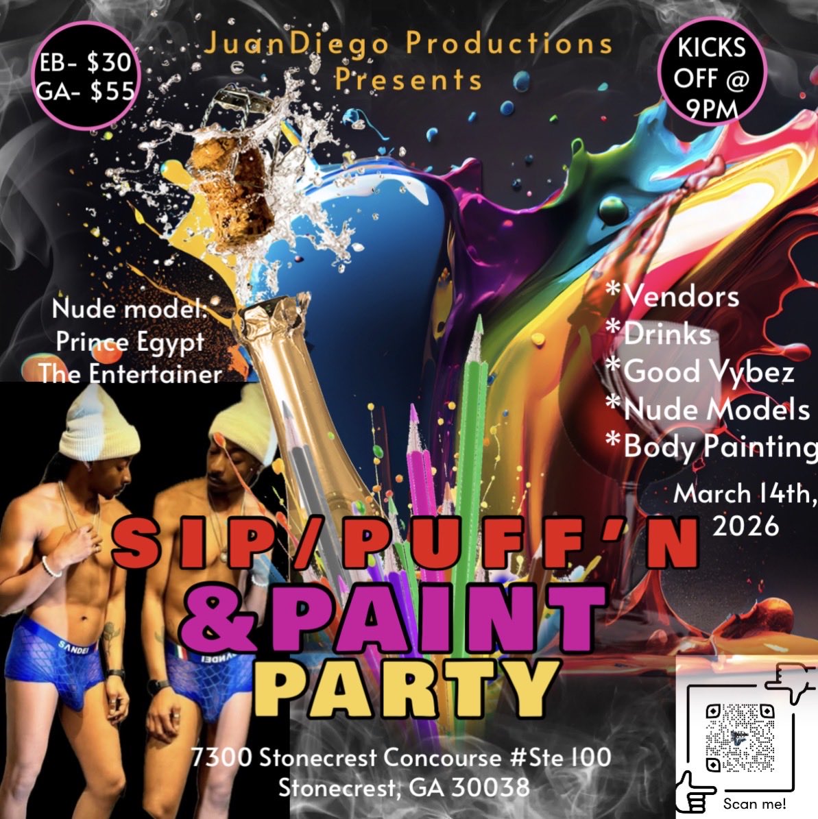 Nude Sip/Puff’n Paint where u have the option to paint on one of the nude models!!!!!! What are you waiting on?!?!? Get your tickets!!!! Tickets are selling!!!! Ladies get your girls and have a GIRLS NITE OUT!!!  QR code will that u to the ticket site!!!!! <a href="/PrinceEgypt69/">Prince_Egypt</a>
