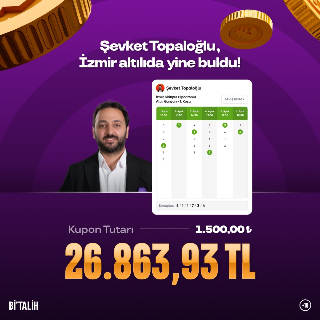 Şevket Topaloğlu İzmir 6'lıyı BULDU! 🚀

💰 <a href="/TopalogluSevket/">Şevket Topaloğlu</a>'in İzmir 6'lı Ganyan hazır kuponu 26.863,93 TL kazandırdı!

📲 bit.ly/4bZuuxE