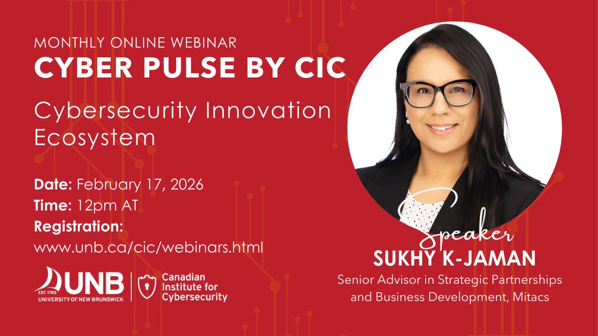 cic_unb's tweet image. 🌐FREE Webinar: Cybersecurity Innovation Ecosystem 

📅February 17 |🕛12PM AT
🎤Sukhy Kenth-Jaman, Senior Advisor in Strategic Partnerships &amp;amp; Business Development, @MitacsCanada

👉 events.teams.microsoft.com/event/289c9cc0…

#Cybersecurity #TechTalent #CyberPulse2026 #DigitalSecurity #CanadaTech