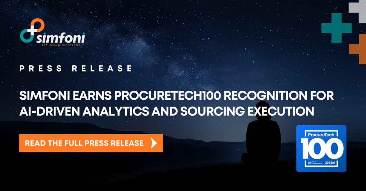 simfoniapps's tweet photo. Simfoni Earns ProcureTech100 Recognition for AI-Driven Analytics and Sourcing Execution. Read the full press release here: https://t.co/0jAHDMOBpV

#Simfoni #ProcureTech100 #AIinProcurement #SpendAnalytics #StrategicSourcing #DigitalProcurement #Snowflake #ProcurementTechnology https://t.co/tlzXMLuMv9