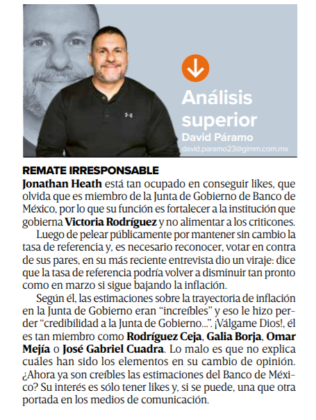 Es francamente indigna la campaña sistemática de Victoria Rodríguez Ceja, gobernadora de Banxico, contra el subgobernador Jonathan Heath, usando la pluma de <a href="/DavidPramo2/">Padre del Análisis Superior</a>, quien es torpísimo para esconder quién le agarra la mano.