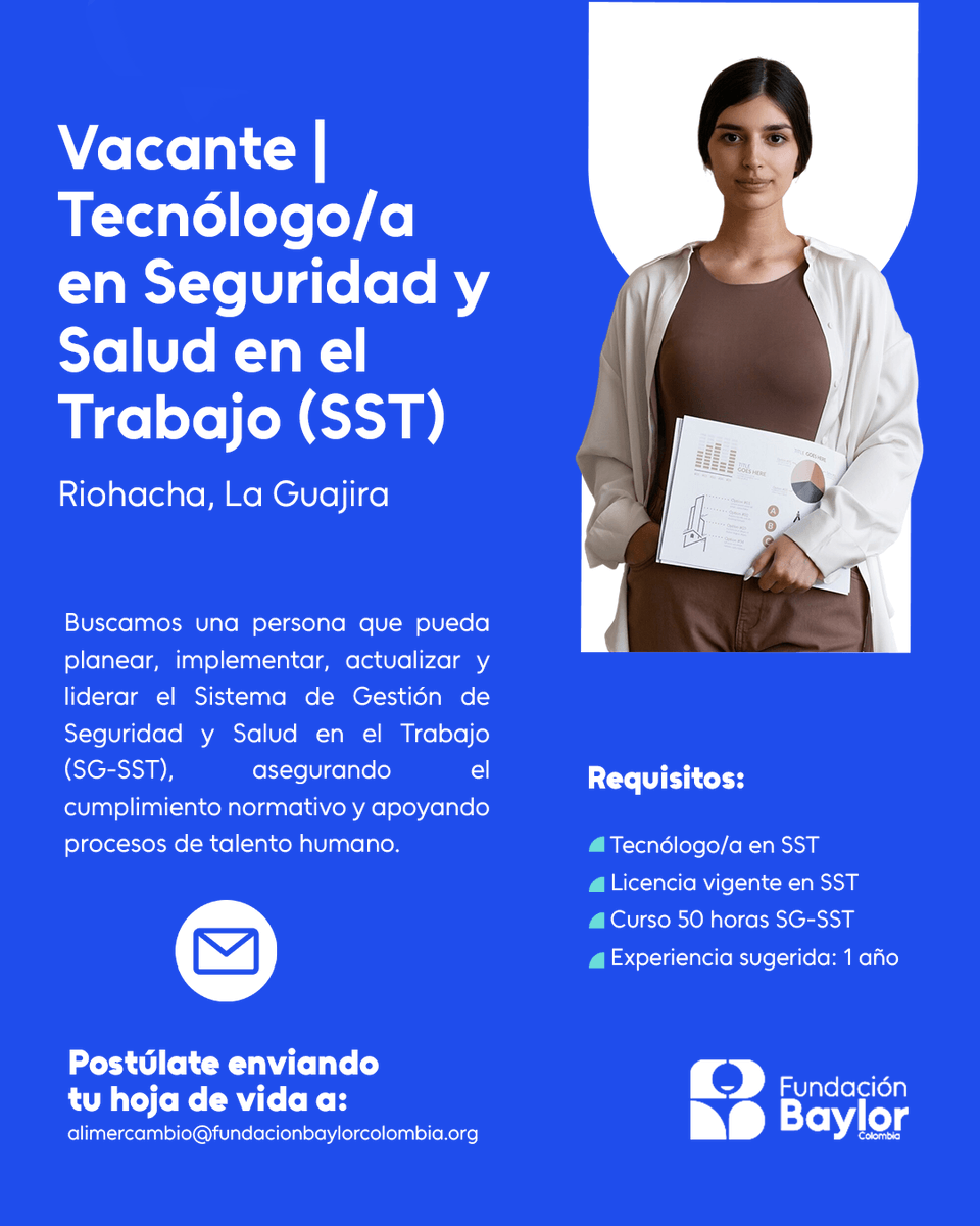 📌 Vacante en Riohacha (La Guajira)
Buscamos Tecnólogo/a en Seguridad y Salud en el Trabajo (SST) para liderar nuestro SG-SST, asegurar el cumplimiento normativo y apoyar procesos de talento humano. 

¡POSTÚLATE!