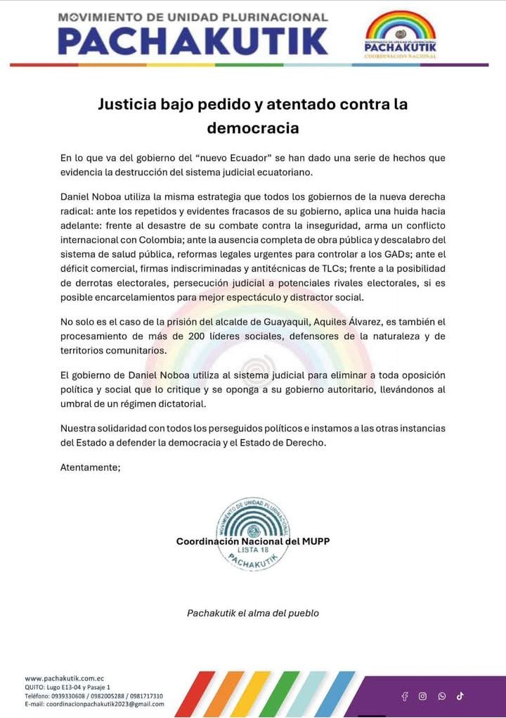 PKGuayaquil's tweet photo. El gobierno de Daniel Noboa utiliza el sistema judicial para eliminar toda oposición social y política que lo critique y se oponga a su gobierno autoritario. https://t.co/lf5SlrO4l2