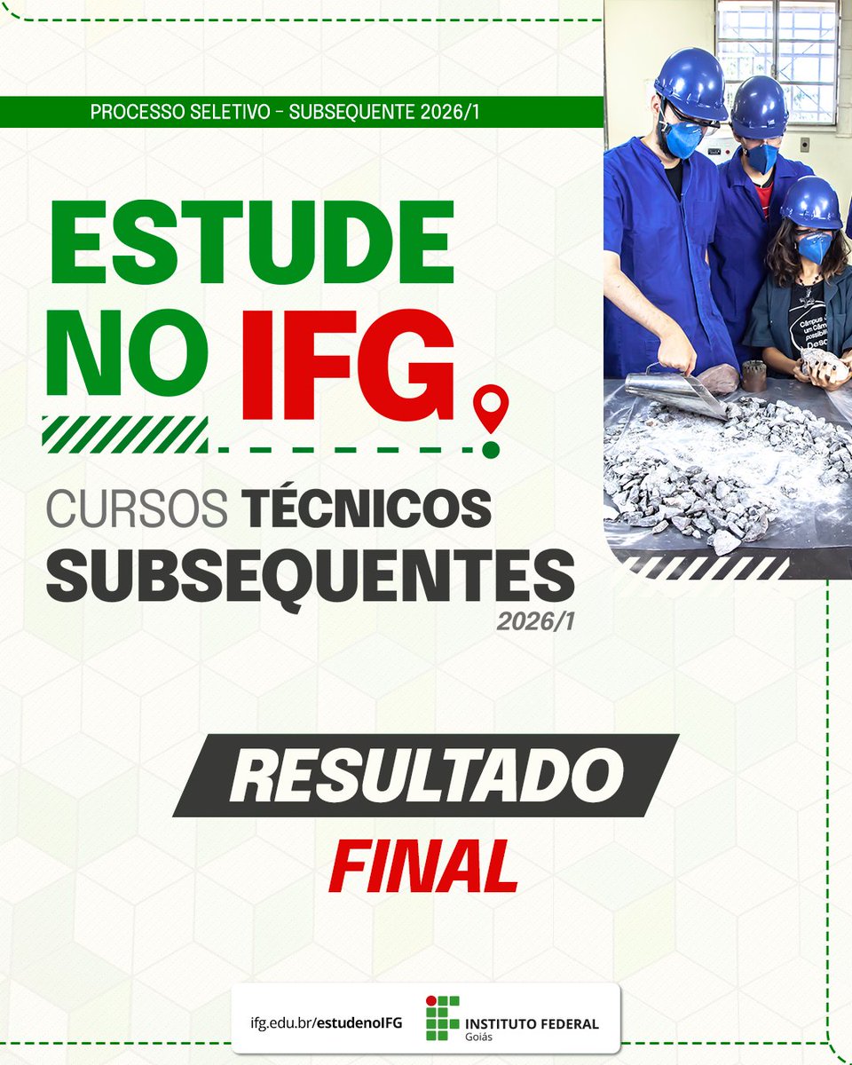 O Centro de Seleção divulgou nesta quinta, 12, o resultado final da seleção 2026/1 para cursos técnicos subsequentes ao ensino médio.
Os aprovados devem observar editais de matrículas, a serem divulgados até esta sexta-feira, 13, pelos câmpus.
Saiba mais: ifg.edu.br/component/cont…