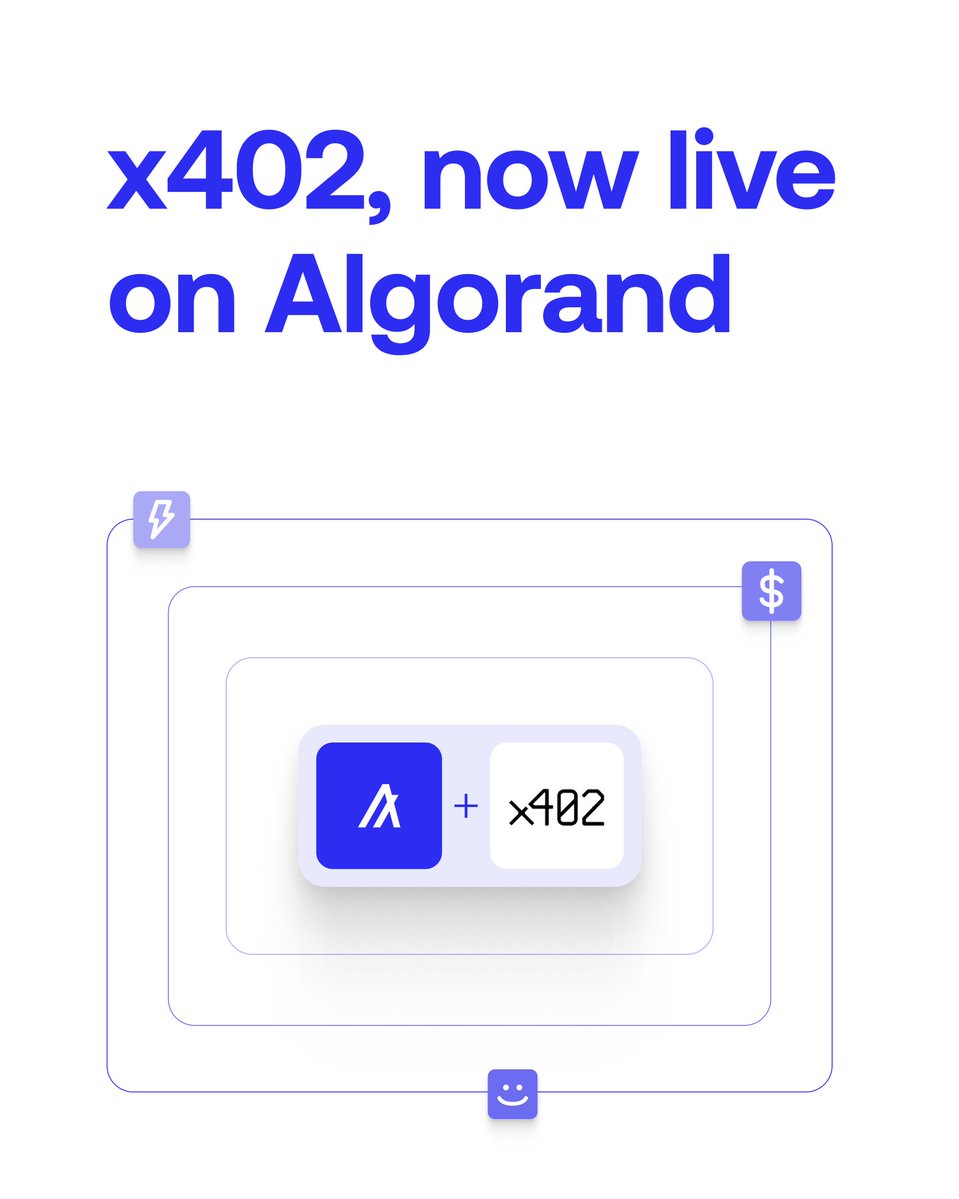 AlgoFoundation's tweet image. x402 is now fully supported on Algorand.

Spec merged with @coinbase. Facilitator live. Bazaar running. Tooling ready.

Build pay-per-API, micropayments, M2M, and agentic commerce with:
• Low fees
• Instant settlement
• Atomic payment grouping

Get started below 👇