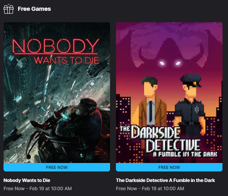 Just a reminder to everyone that the phenomenal game Nobody Wants to Die is FREE on the Epic Games Store today through next Wednesday. GO GET IT.