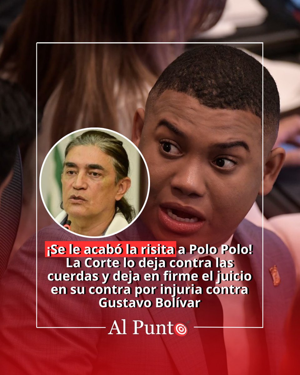 AlPuntoCol's tweet photo. #AlPunto 🎯 ¡Se le acabó la risita a Polo Polo! La Corte lo deja contra las cuerdas y deja en firme el juicio en su contra por injuria contra Gustavo Bolívar ⤵️
https://t.co/ZimZrYjvx0 https://t.co/47TIZtb1oQ