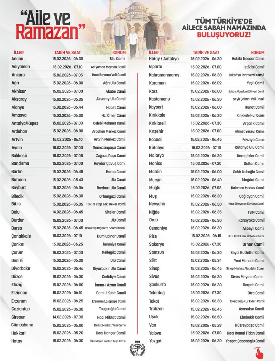 🌙 Tüm Türkiye'de ailece sabah namazında buluşuyoruz!
 
Ramazan'ı birlikte karşılamak, çocuklarımızla aynı safta durmak ve güne dua ile başlamak için düzenlenen sabah namazı buluşmalarına herkesi davet ediyoruz.