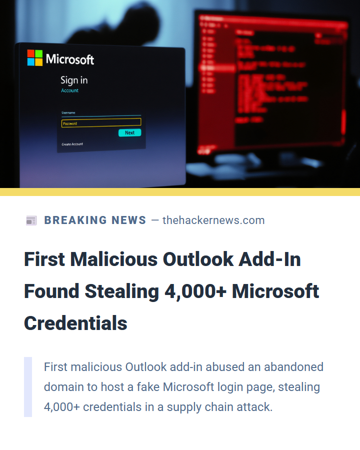 TheHackersNews's tweet photo. Researchers found the first malicious Microsoft Outlook add-in used in real attacks.

Hackers hijacked an abandoned calendar plug-in, claimed its expired domain, and served a fake Microsoft login—stealing 4,000+ credentials. The add-in still had mailbox read/write permissions.

🔗 Learn how...  → https://t.co/PQruhopOTV