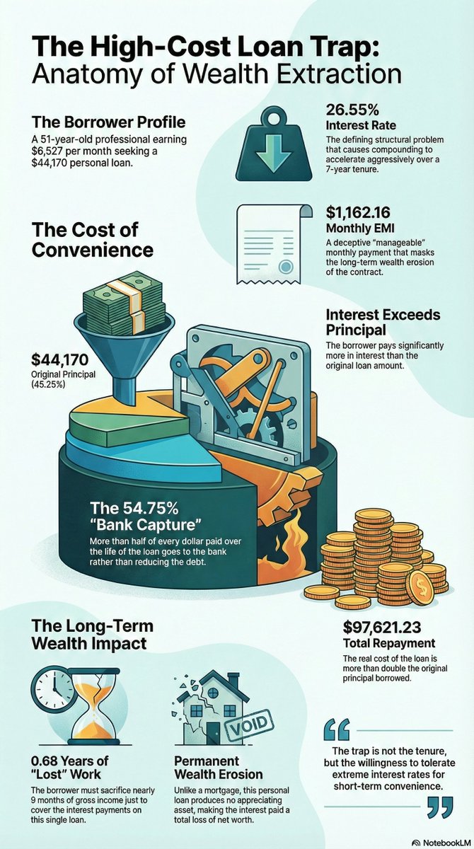 FinMathLab's tweet photo. 📌 Personal loan | Age 51
Income: $6,527.00/mo | Loan: $44,170.00 @ 26.55% for 7y
EMI: $1,162.16/mo
Interest: $53,451.23 | Total repaid: $97,621.23
Bank share: 54.75% | Income lost to interest: 0.68 yrs
Extra paid over principal: 121.01%
#PersonalFinance #Loans #FinanicalMathLab https://t.co/R02dRCgXGe
