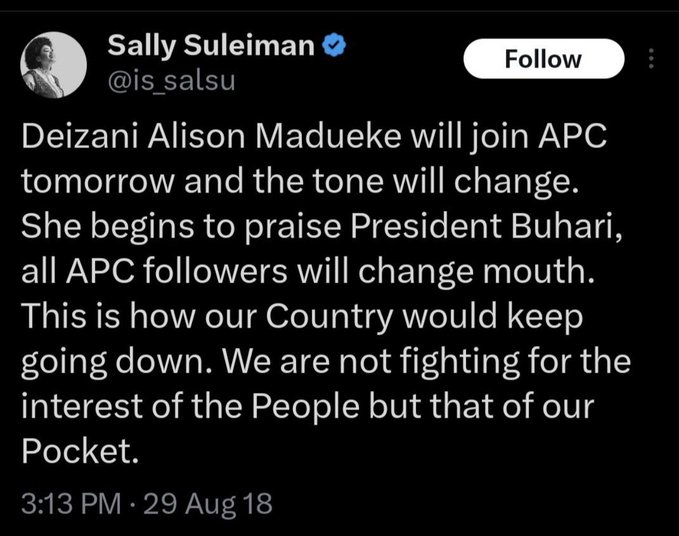 novieverest's tweet image. When the APC was failing, Sally resented the people who joined them.
Now that Tinubu is trying and performing with saving lives and a booming economy, Sally can join the APC.

Lessons.