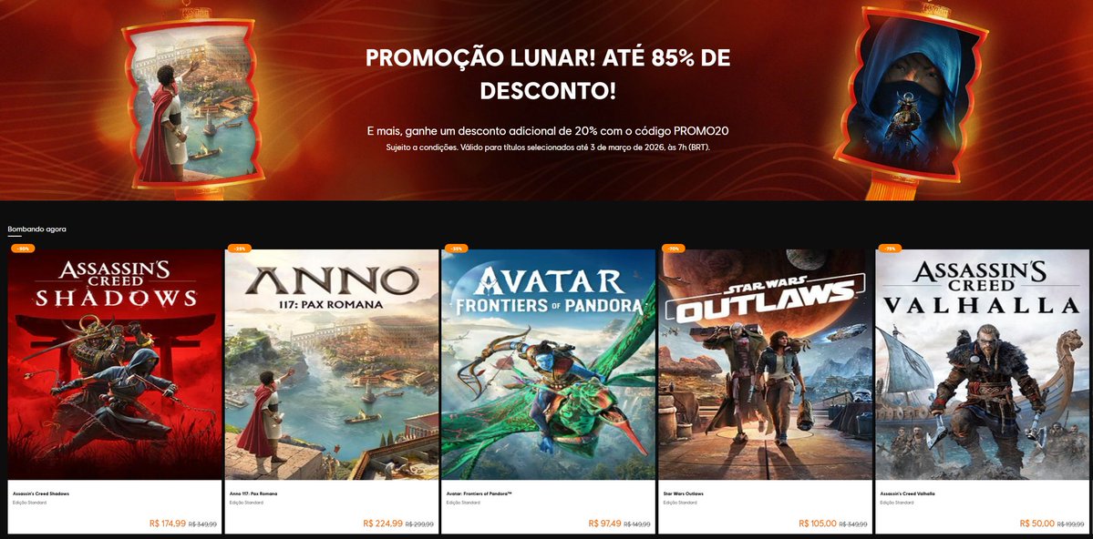 Ubisoft libera promoção de Ano Novo Lunar com cupom de 20% de desconto em sua loja.

Use o Cupom PROMO20 para 20% de desconto em seu carrinho.

Ofertas: ubisoft.pxf.io/k4gJVL
Destaques: gameplayscassi.com.br/noticias/assas…