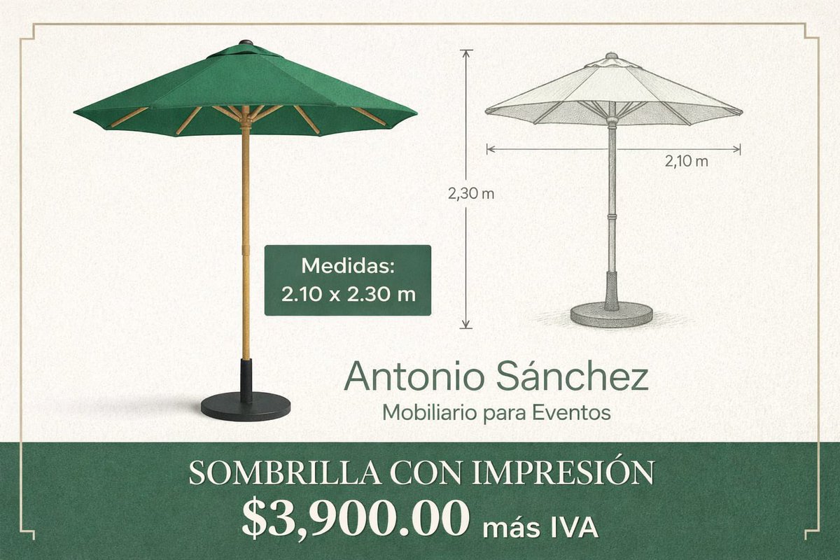 ☂️✨ Sombrilla con lona personalizada + base incluida ✨☂️
Dale presencia y elegancia a tu jardín, terraza, alberca o evento 🌿🌞
📏 Medidas:
• Altura: 2.30 m
• Diámetro: 2.10 m
🪵 Mástil en madera natural
⚫ Base metálica negra reforzada
🎨 Lona personalizable con tu logotipo
