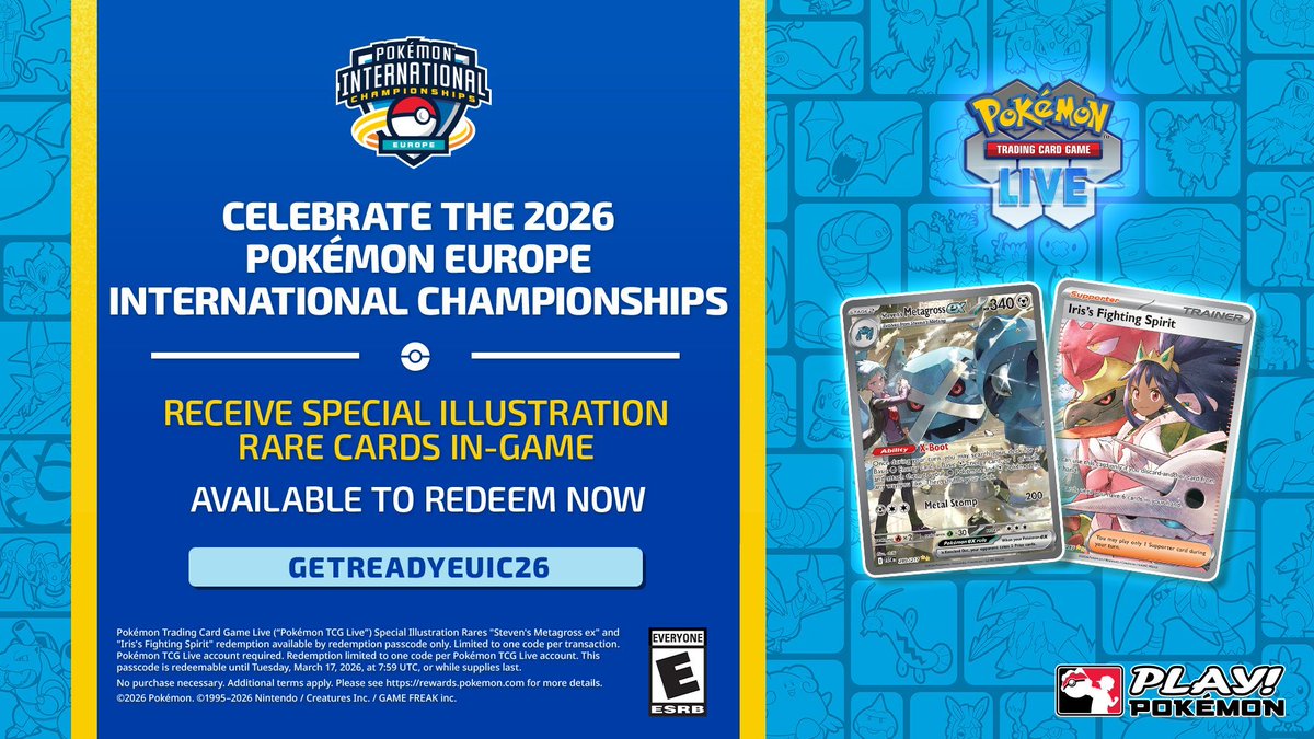 #pokemontcg

ATENÇÃO  JOGADORES DE TCGLIVE !!

Nossos resgates ja estão  praticamente no jeito !

Utilize o código: " GETREADYEUIC26 " e garanta Um Metagross do Steven e um Espírito de Luta da Iris !!