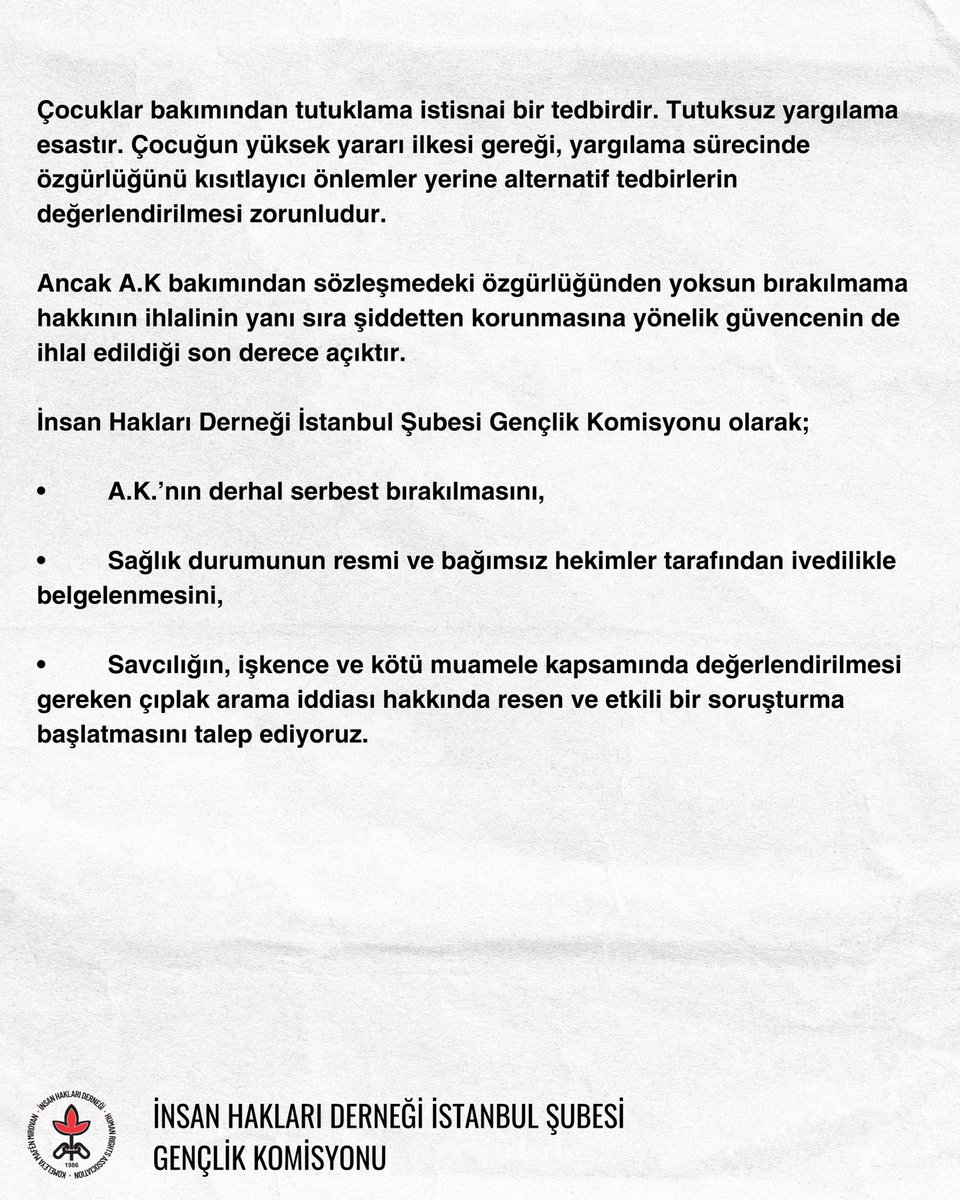 BİR ÇOCUK HAPİSHANEDE: KORUMA YÜKÜMLÜLÜĞÜ NEREDE?
<a href="/ihdgenelmerkez/">İHD Genel Merkezi</a> <a href="/ihdistanbul/">İHD İstanbul Şubesi</a> <a href="/adalet_bakanlik/">T.C. Adalet Bakanlığı</a> <a href="/tcailesosyal/">T.C. Aile ve Sosyal Hizmetler Bakanlığı</a> <a href="/ctekurumsal/">Ceza ve Tevkifevleri Genel Müdürlüğü</a> <a href="/insanhaklariDB/">İnsan Hakları Dairesi Başkanlığı</a>