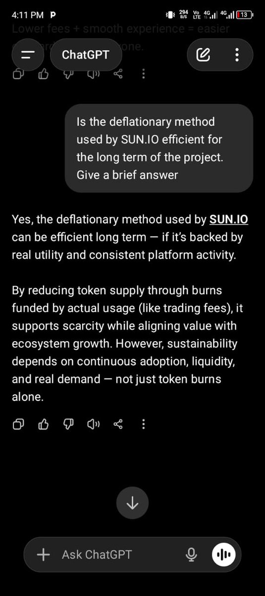AINFT gave me pros and cons to the deflationary method used by Sun.io as compared to ChatGpt.
<a href="/OfficialAINFT/">AINFT</a> is goated 

You can check chat.ainft.com/chat
<a href="/aniekan_Q/">Aniekan Afangideh</a> @emahtoofine <a href="/Yhutiee_dev/">Ut</a> 

#AINFTMEGADrop
