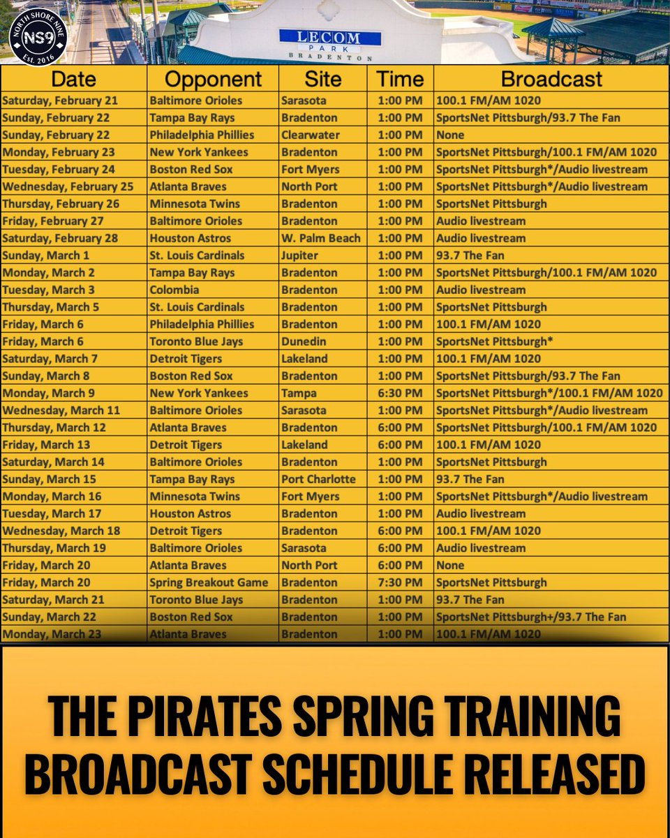 Find out how you can catch your 2026 Pirates Spring Training Games!

With the broadcast release there will be:
16 Games on SportsNet Pittsburgh
16 Games on 93.7 The Fan,  KDKA Radio, &amp; the Pittsburgh Radio Network
9 Games audio streamed on Pirates.com

Who is ready