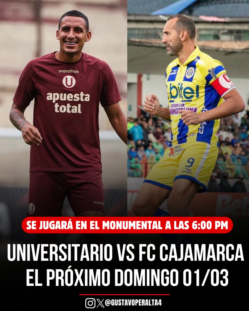 ¡Apunta el día! 
Fecha 5: 
Universitario de Deportes vs FC Cajamarca jugarán el domingo 1 de marzo a las 6:00 pm en el estadio Monumental.