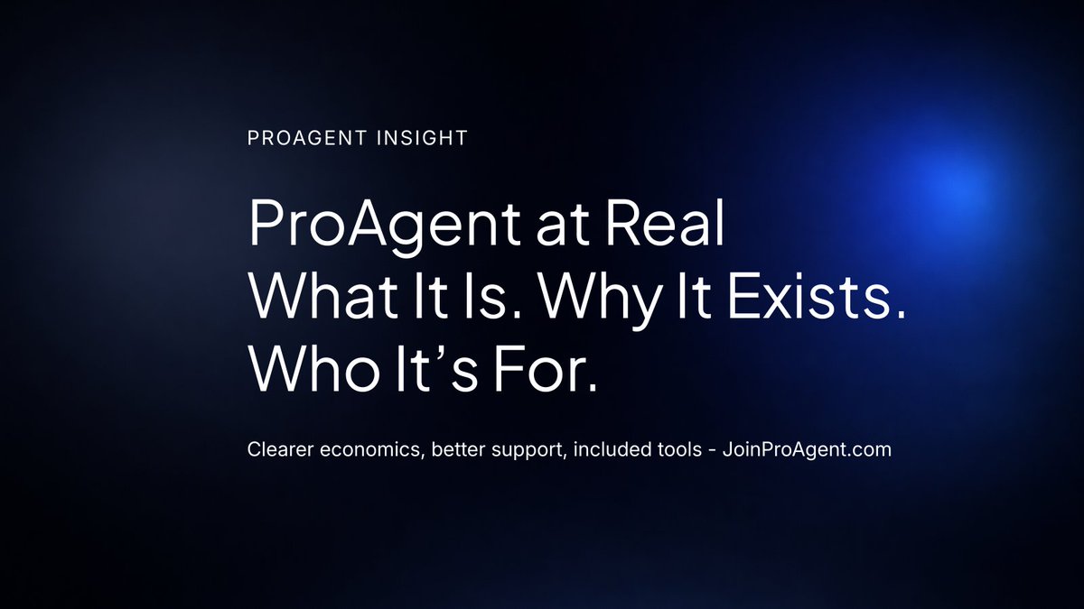 ProAgentJoe's tweet photo. X / Twitter (post)

New Insight: What is ProAgent (at Real)?

A clear explainer on:
• why it exists
• who it’s for
• what changes (economics, support, tools)
• what it’s not (no lead gen, no hierarchy)
Read: https://t.co/6koQ10F1UI
Model: https://t.co/3uQR1bdWjr https://t.co/lhpZWE5bIY