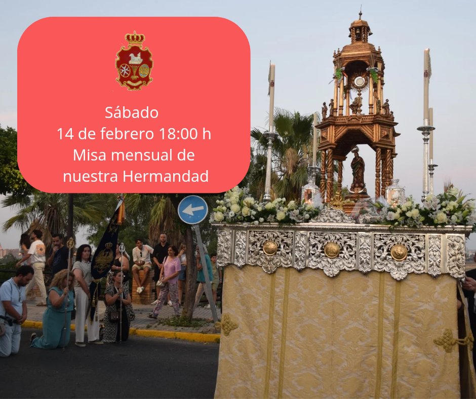 ℹ️ El próximo sábado 14 de febrero a las 18:00 horas, en la Parroquia de los Sagrados Corazones, se celebrará la misa mensual de nuestra Hermandad en comunión con nuestra comunidad parroquial.

#TDSCofrade #ASacro #SJCofradiera