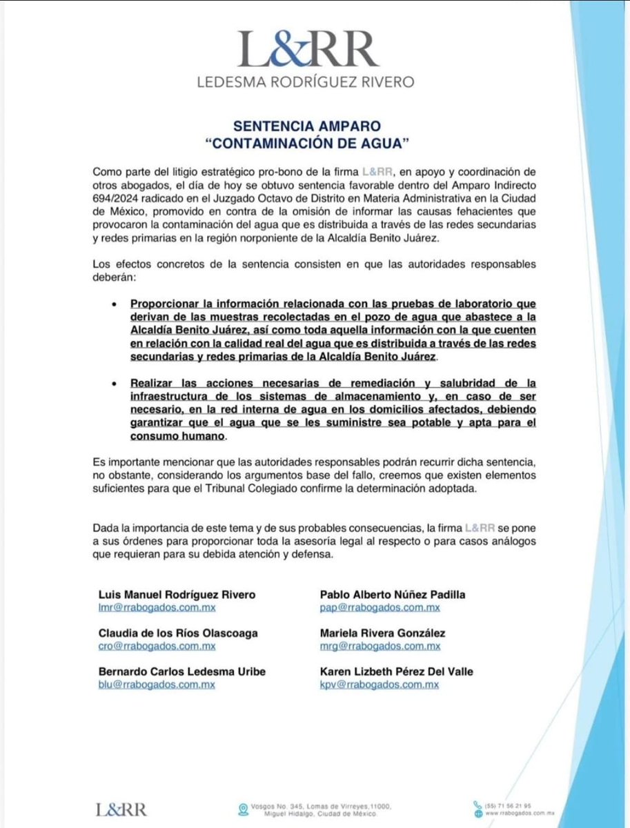 R3SCATEMOXH2O's tweet photo. Lo dicho. La estrategia jurídica pro bono a cargo de L&amp;RR sigue adelante. @GobCDMX escuchen y compartan, sin trampas, los resultados de los #estudios del #aguaContaminada, la situación real  y su propuesta de remediación para la zona afectada. Cumplan la sentencia  @SEGIAGUA https://t.co/fyp8dlH5N3