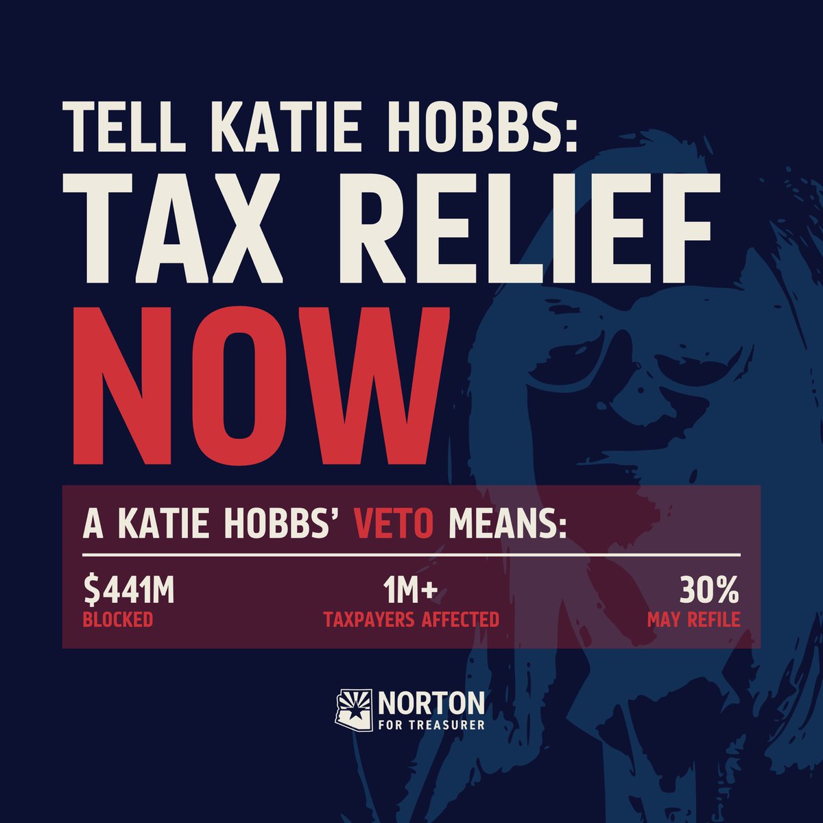 Tell Katie Hobbs: TAX RELIEF NOW.

Her veto means: 

❌$441M blocked 
❌ 1M+ taxpayers affected
❌ 30% may have to refile

Arizona families are filing their taxes RIGHT NOW. 

Sign HB 2785, Governor.