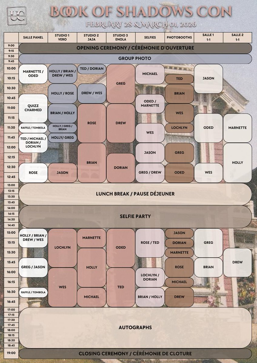 Union_Conv's tweet photo. Book of Shadows Con (Charmed) : 

Voici le planning de la convention ! C'est le même planning pour les deux jours.
Attention, il n'y aura qu'une cérémonie de clôture et elle aura lieu le dimanche soir, après la convention.
Le règlement de la convention sera publié sur nos réseaux sociaux dans quelques jours.
-----------
Here is the convention schedule! It's the same schedule for both days.

Please note that there will only be one closing ceremony and it will take place on Sunday evening, after the convention.
The convention rules will be published on our social media in a few days.