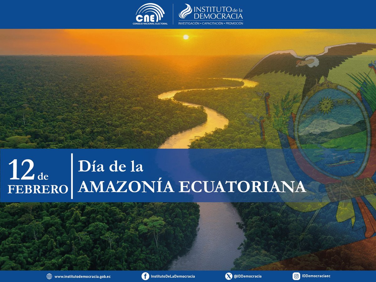 🍃 Hoy, 12 de febrero, conmemoramos el #DíaDeLaAmazoníaEcuatoriana, tierra de historia, identidad y profunda riqueza cultural. Desde el <a href="/IDDemocracia/">Instituto de la Democracia</a> honramos a sus pueblos y nacionalidades, guardianes de saberes ancestrales y protagonistas de un #Ecuador diverso y vivo.