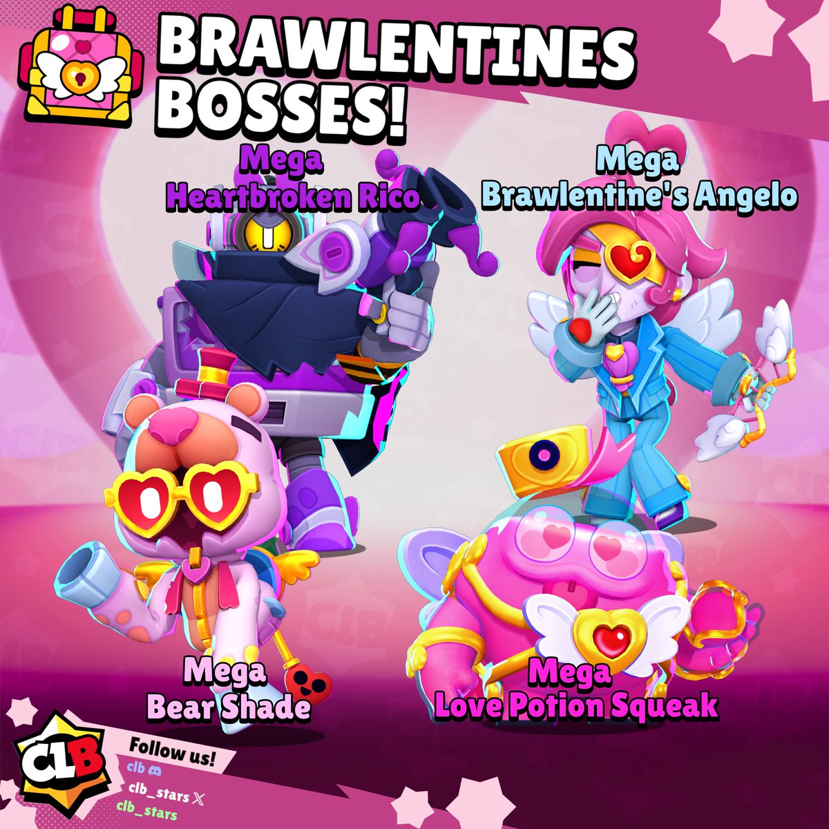 ❤️ BRAWLENTINES BOSSES! ❤️ 

This brawlentines season has given us 4 new bosses, each boss being challenging (especially Angelo) and rewarding players with brawlentines boxes and chaos drops!

What was your favorite brawlentines boss? 🤔

#BrawlStars #Brawlentines