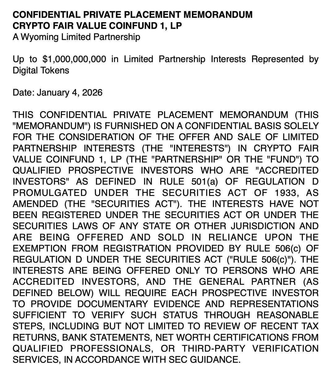 We finished the Tokenized Private Placement &amp; Subscription Agreement for CFV CoinFund 1.

We're raising $1 billion from small asset managers across the U.S. &amp; accredited investors.

Stay updated at: https://DigitalGold .co
I didn't make it a hyperlink, as X doesn't like links.