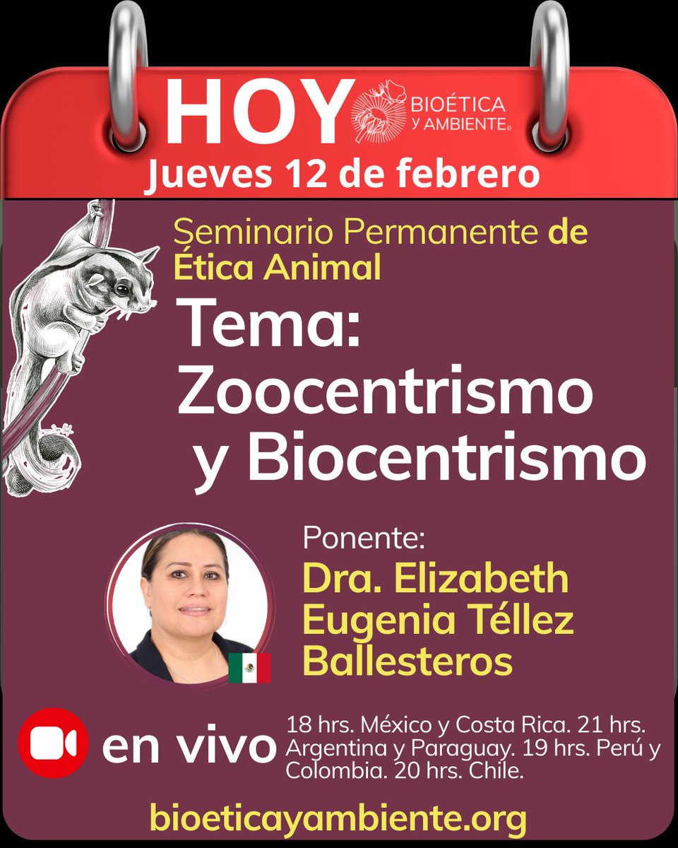 Hoy. Participa y hazlo posible. Seminario Permanente de #Ética #Animal "#Maltrato y Crueldad #Animal"
Tema: #Zoocentrismo y #Biocentrismo

Más información:
bioeticayambiente.org/seminariosperm…

Recuerda que la participación en nuestro seminarios permantentes es gratuita.