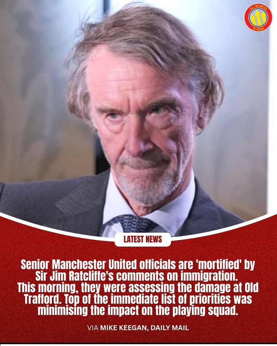 🚨🆕 Manchester United officials are 'mortified' by Sir Jim Ratcliffe’s comments on immigration. This morning, they were assessing the damage at Old Trafford and top of the immediate list of priorities was minimising the impact on the playing squad.

[via <a href="/MikeKeegan_DM/">Mike Keegan</a>]

#MUFC
