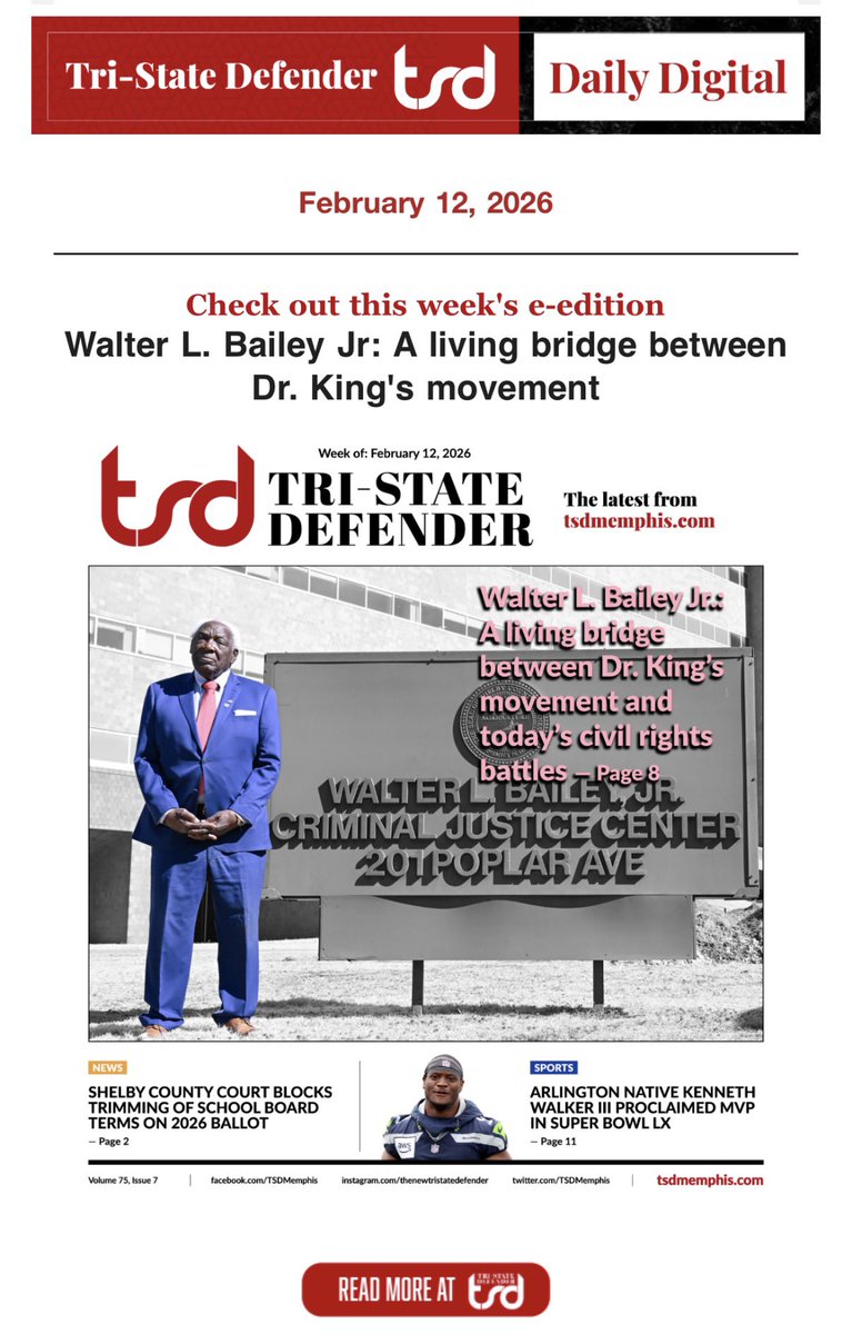 TSDMemphis's tweet photo. Check out this week’s e-edition and read the powerful story of Walter L. Bailey Jr. — a living bridge between Dr. King’s movement and today’s civil rights battles.
Tap in and stay informed:
https://t.co/h7I9YUTYmh
#TSD #TriStateDefender #Memphis #CivilRights #BlackHistory https://t.co/EBFQa299Lb