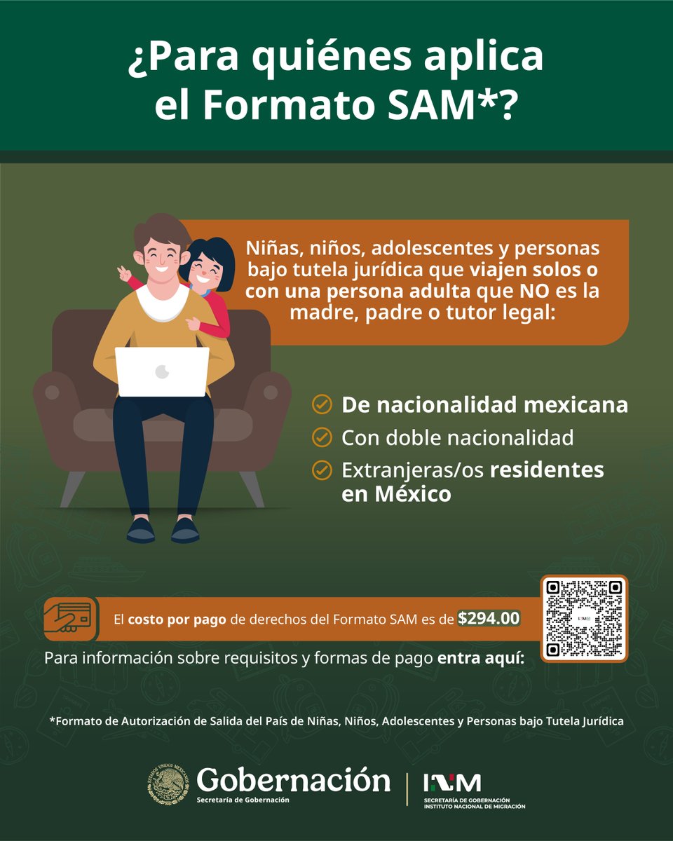 INAMI_mx's tweet photo. Antes de salir de viaje con menores 👧🏻🧒🏻, revisa si necesitas tramitar el #FormatoSAM ante el Instituto Nacional de Migración:
👉 Es obligatorio cuando viajan solos o con un adulto distinto a sus padres/tutores.
👉 No es necesario si viajan con quien ejerce la patria potestad o si ya tienen permiso notarial.
¡Infórmate y viaja seguro!
Para más detalles, consulta nuestra página oficial: https://t.co/a5L4Y6P7Vt