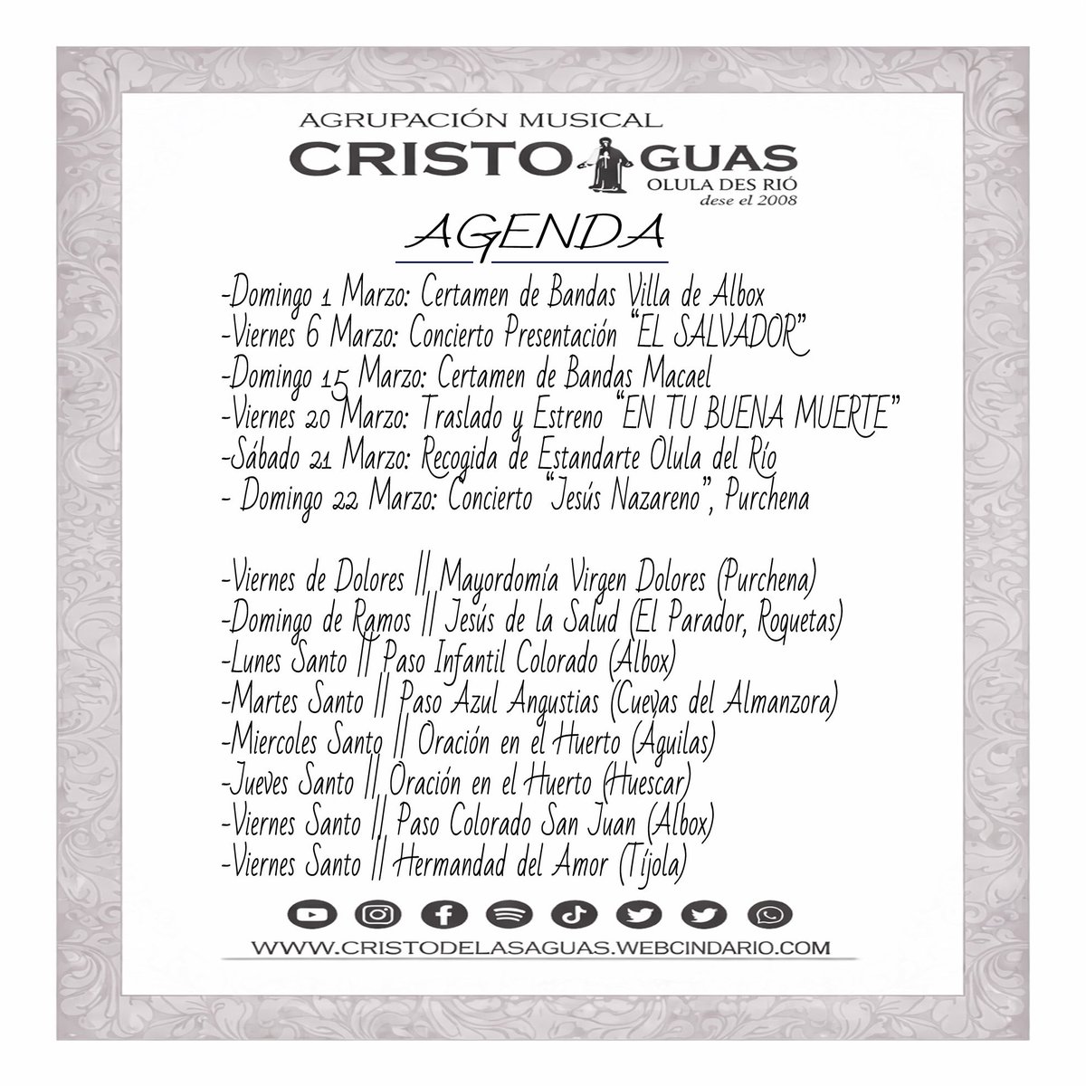 #Agenda | 𝐂𝐔𝐀𝐑𝐄𝐒𝐌𝐀 / 𝐒𝐄𝐌𝐀𝐍𝐀 𝐒𝐀𝐍𝐓𝐀 𝟐𝟎𝟐𝟔

Nos adentramos en una nueva #Cuaresma y os dejamos nuestro calendario de actuaciones.

👉🏻👀👈🏻 ¡Mucho ojo a los dos estrenos! 🫣💣🎵

🎵 “EL SALVADOR” <a href="/aleblahermusic/">Alejandro Blanco Hernández</a> 
🎵 “EN TU BUENA MUERTE <a href="/JUANLU_GS/">JUANLU GS</a> 

#LegionBlanca