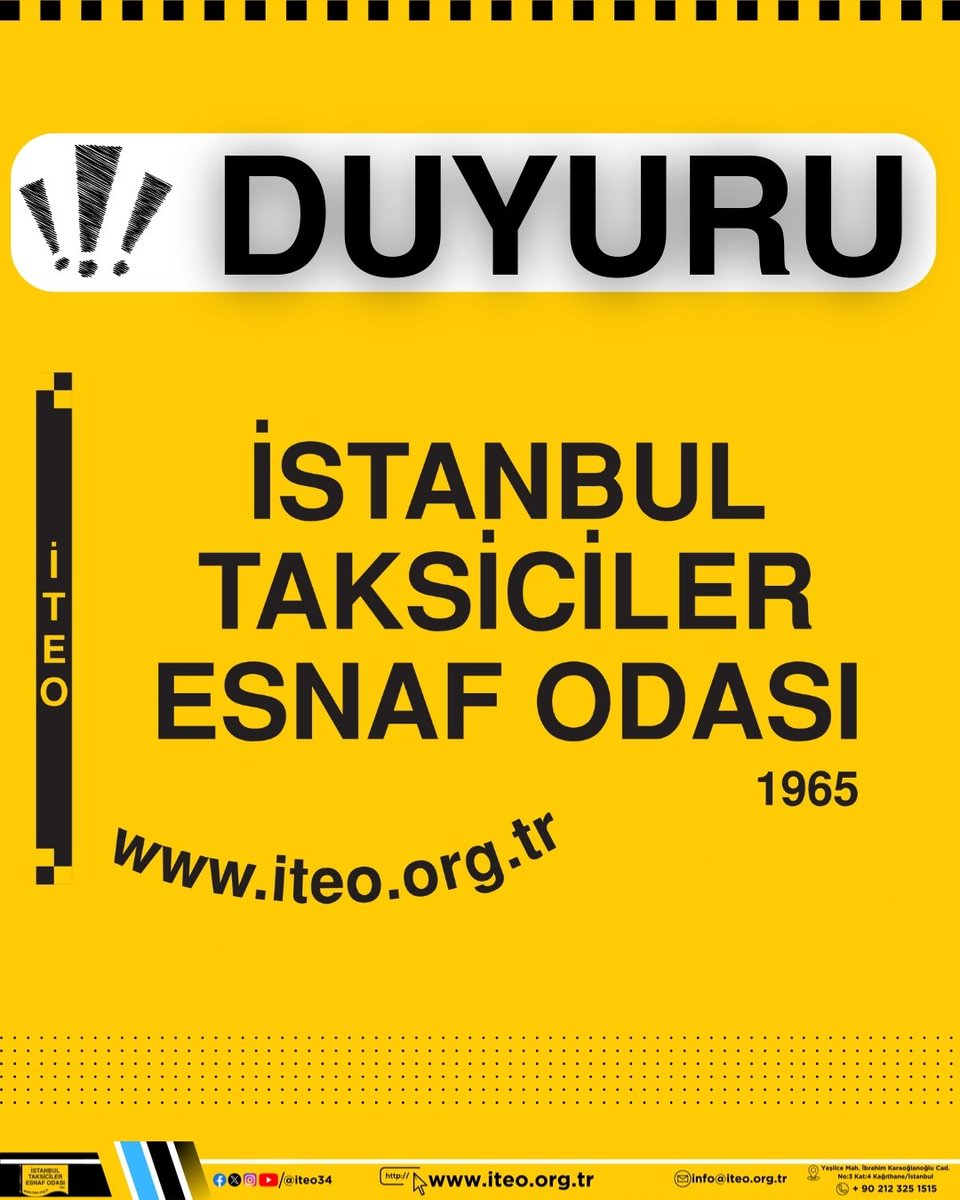 Değerli Taksi Esnafımız,
İBB Meclisi kararı doğrultusunda taksi ücret tarifelerine %20 oranında zam yapılmıştır. Yeni tarife 16.02.2026 tarihinde yürürlüğe girecektir. Tüm esnafımıza hayırlı olmasını diler, bol ve bereketli kazançlar temenni ederim.

İSMET DALCI
İTEO BAŞKANI