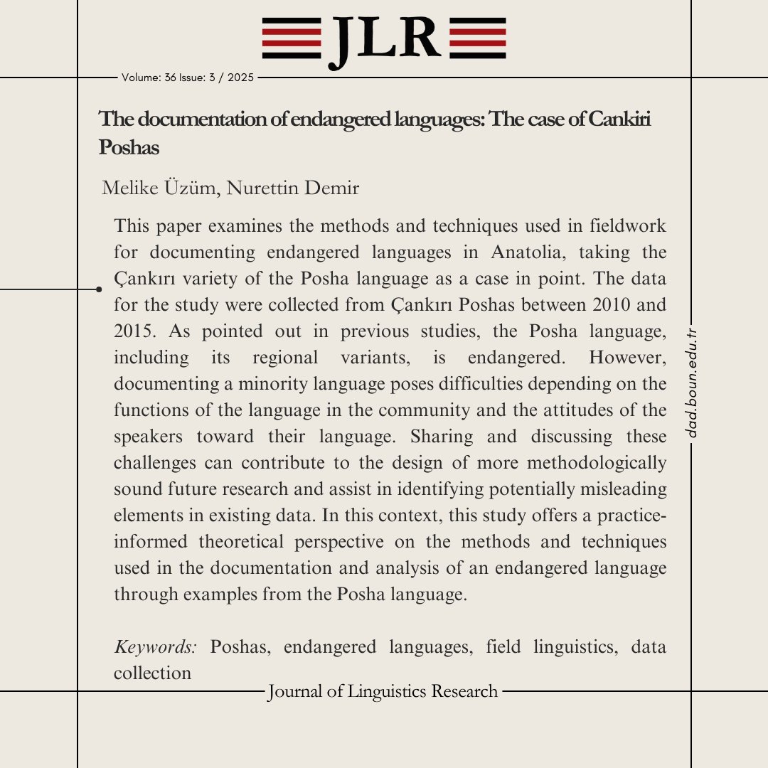 dad_jlr's tweet photo. Türkiye'de Tehlikedeki Diller özel sayımızdan dikkat çekici bir katkı.
-
A noteworthy contribution to our Special Issue on Endangered Languages in Turkey.

📌https://t.co/Q2Ise1yvcc https://t.co/ZQsIobNfAc