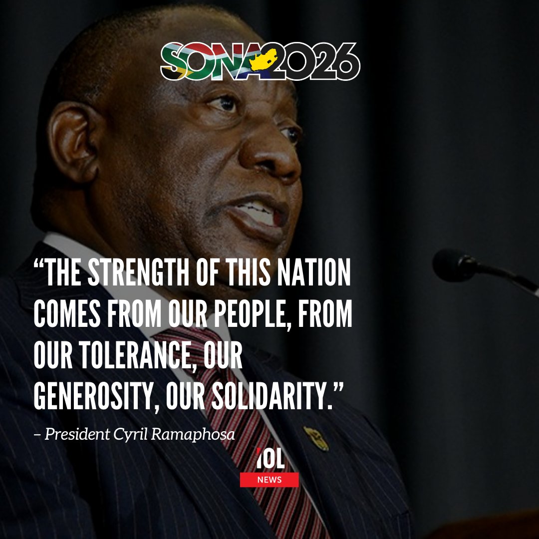 IOL's tweet photo. President Cyril Ramaphosa has praised the Government of National Unity (GNU), declaring that the economy is gaining momentum, but he also warned that progress will collapse without unity, discipline and mutual respect.
#iolsona #SONA2026 #CyrilRamaphosa #GNU #economy
Read on https://t.co/k3DIA0a95b