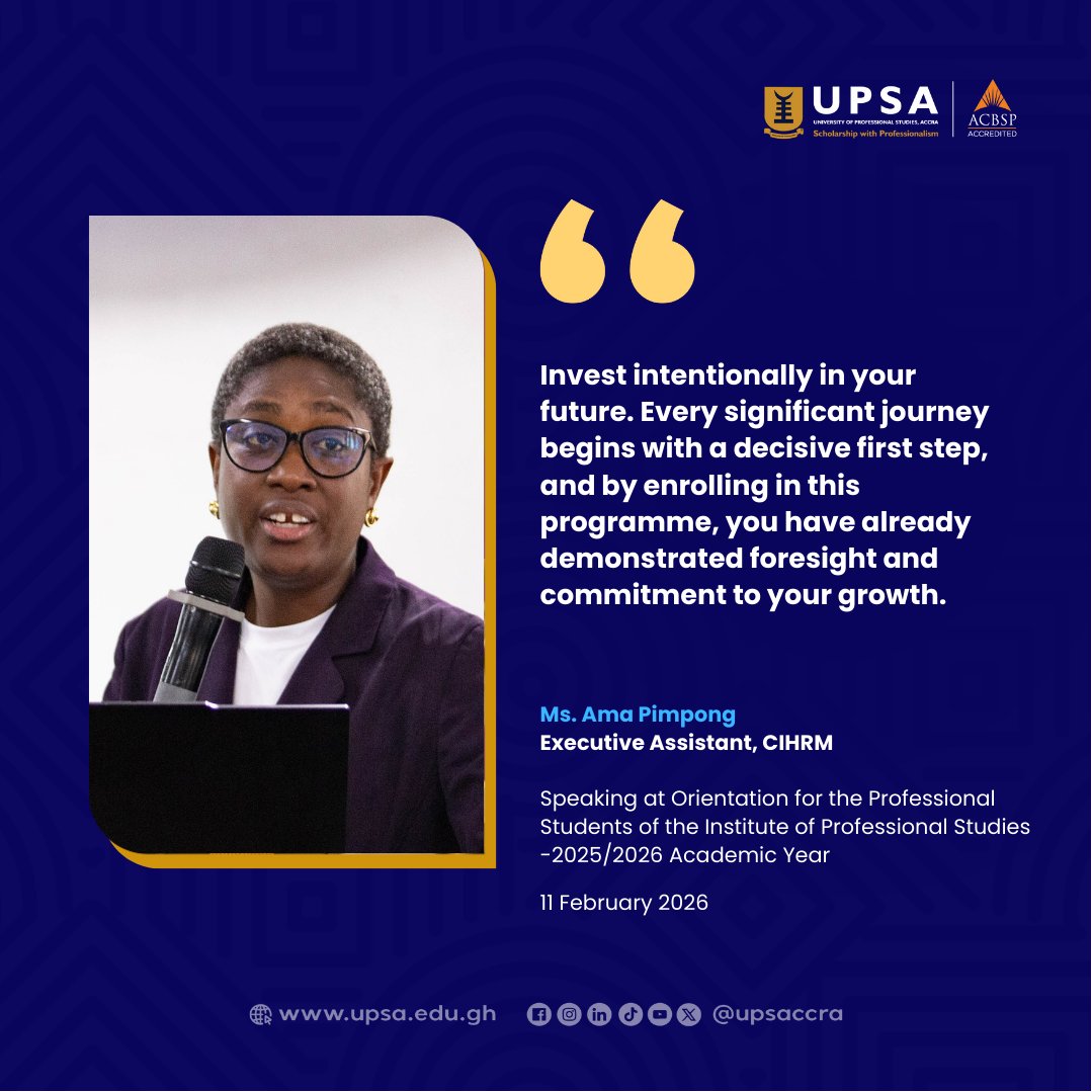 upsaccra's tweet photo. At the 2025/2026 Orientation for Professional Students, Ms. Ama Pimpong emphasized respect and celebrated students' commitment to growth.
#UPSA #StudentOrientation #ProfessionalDevelopment https://t.co/6wuq3fTo8M