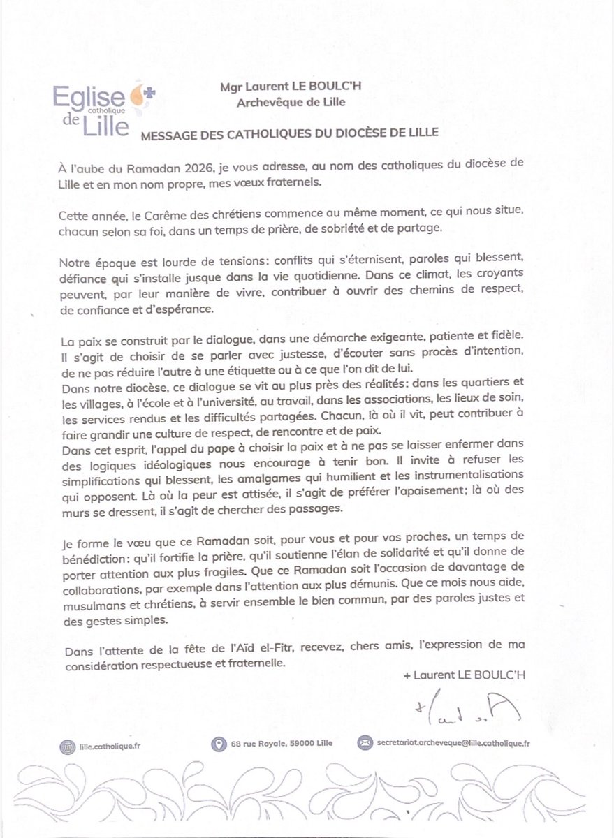 À l’issue de notre rencontre trimestrielle interreligieuse de Lille-Sud, qui s’est tenue hier mercredi et animée par Nassim, Marc et Abdelaziz,nous avons reçu un courrier de l’archevêque de Lille adressant à l’ensemble des croyants un message fraternel. Je vous partage ce message