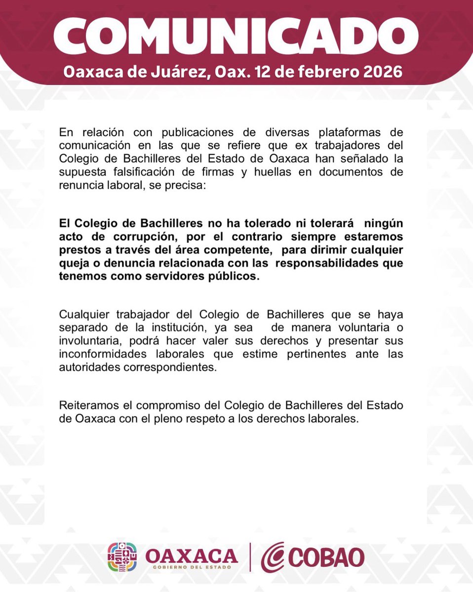 COMUNICADO del Colegio de Bachilleres del Estado de Oaxaca, a la ciudadanía y a la #ComunidadCOBAO 

#COBAO #ComunicadoOficial