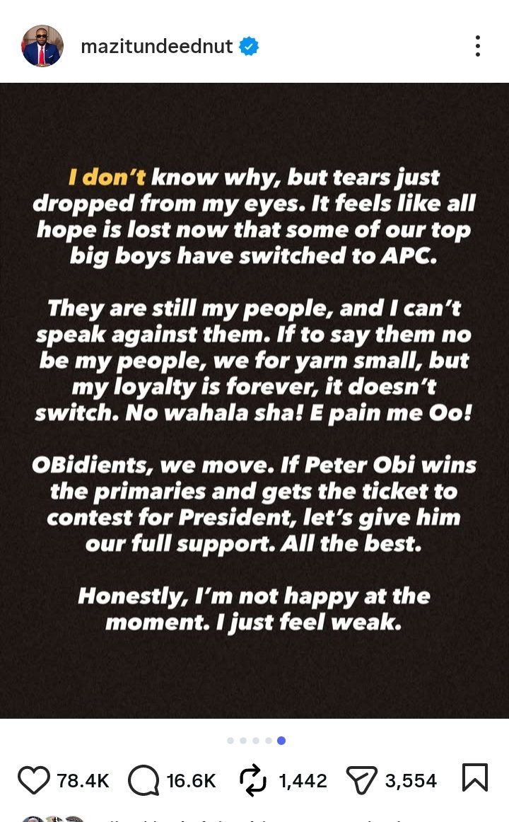 Tunde EDNUT wants engagements from OBI's supporters and also wants financial benefits from the city boys.

OLORIKORI EDA!