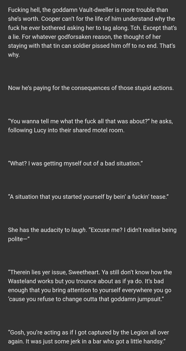 "dealer's choice"
#Ghoulcy #VaultGhoul #FalloutTV
<a href="/GhoulcyWeek/">Ghoulcy Week</a> 2026, day five: gamble

rated E | 5.1k words | oneshot |
missing/additional scene | POV cooper |
dom/sub undertones | aftercare |

archiveofourown.org/works/79376236