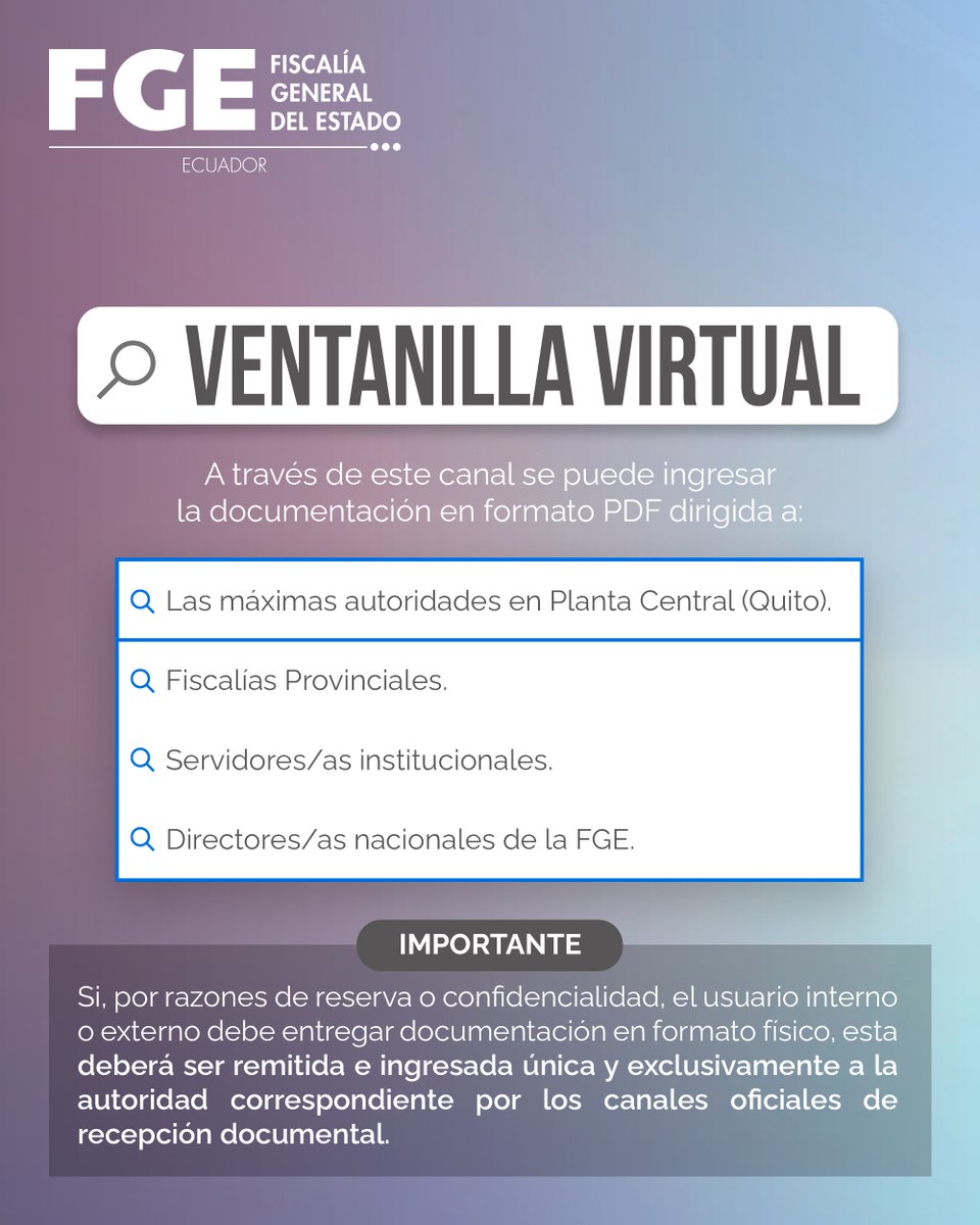 FiscaliaEcuador's tweet photo. La #VentanillaVirtual es un canal habilitado por #FiscalíaEc para que los usuarios remitan oficios y comunicaciones en formato PDF a la dirección electrónica asignada en cada provincia.
Requisitos y direcciones 🔽
https://t.co/QwNSdNCGNN https://t.co/2aj2ZKaCdP