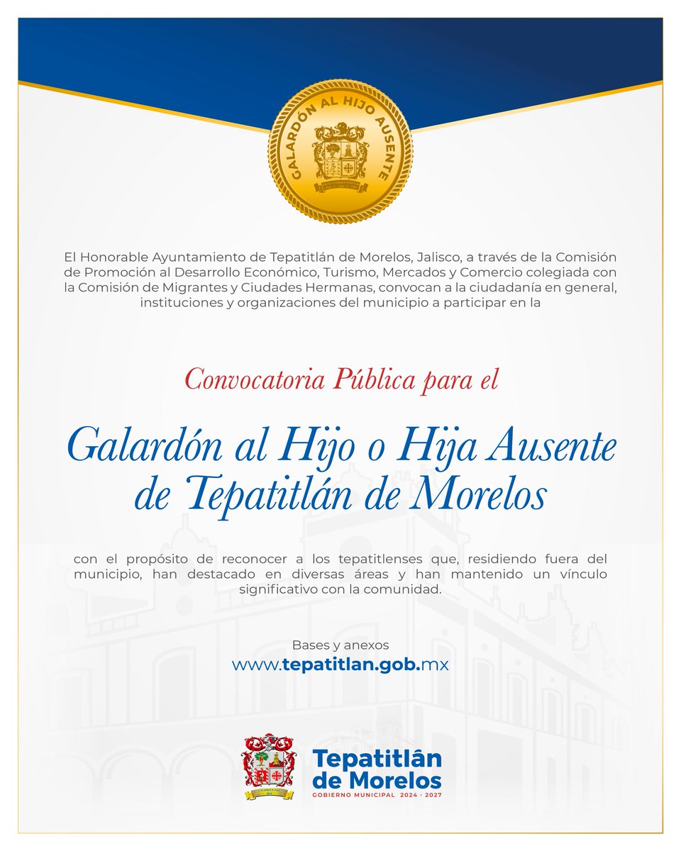 El Honorable Ayuntamiento de Tepatitlán de Morelos, Jalisco convoca a la ciudadanía en general, instituciones y organizaciones del municipio a participar en la

Convocatoria para el Galardón al Hijo o Hija Ausente de Tepatitlán de Morelos

Bases y Anexos:
tinyurl.com/5b8m32ay